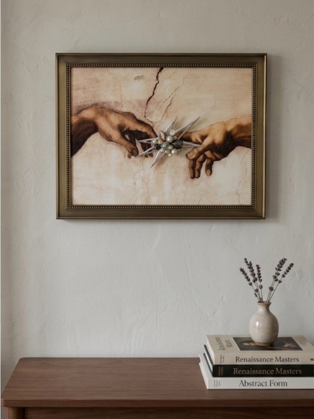 Framed Renaissance-Style Wall Art with Vintage Emmons MCM Atomic Burst Brooch